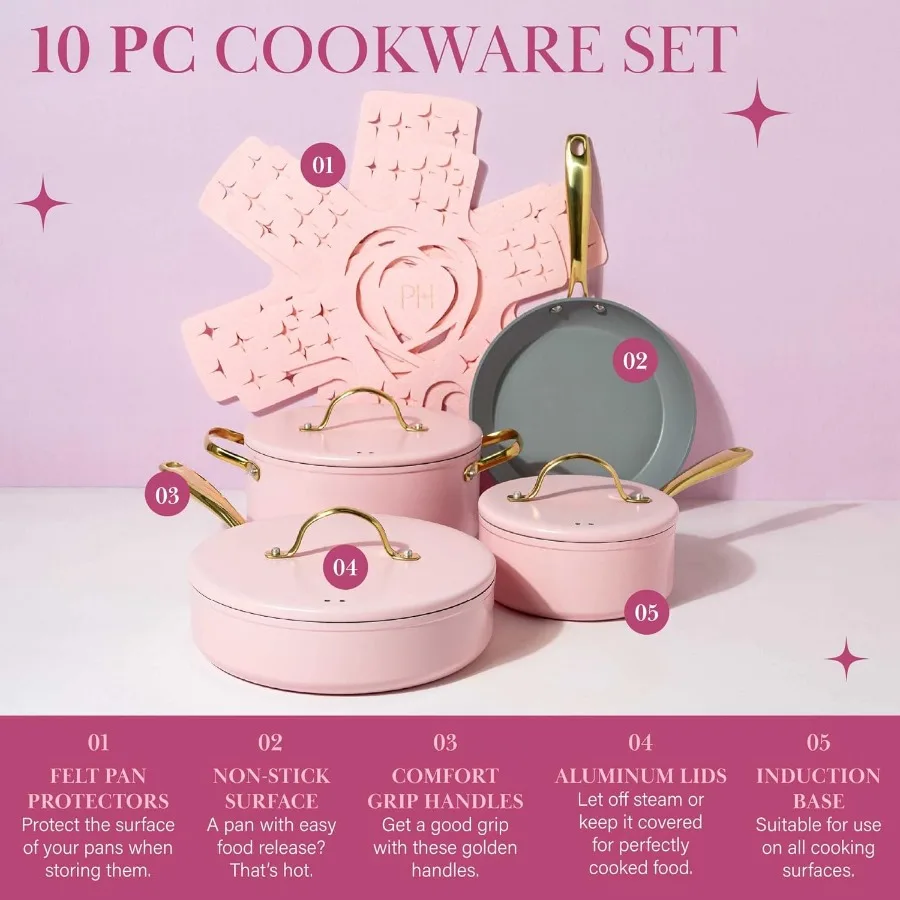 Iconic Nonstick Pots and Pans Set, Multi-layer Nonstick Coating, Matching Lids With Gold Handles,  Dishwasher Safe Cookware Set