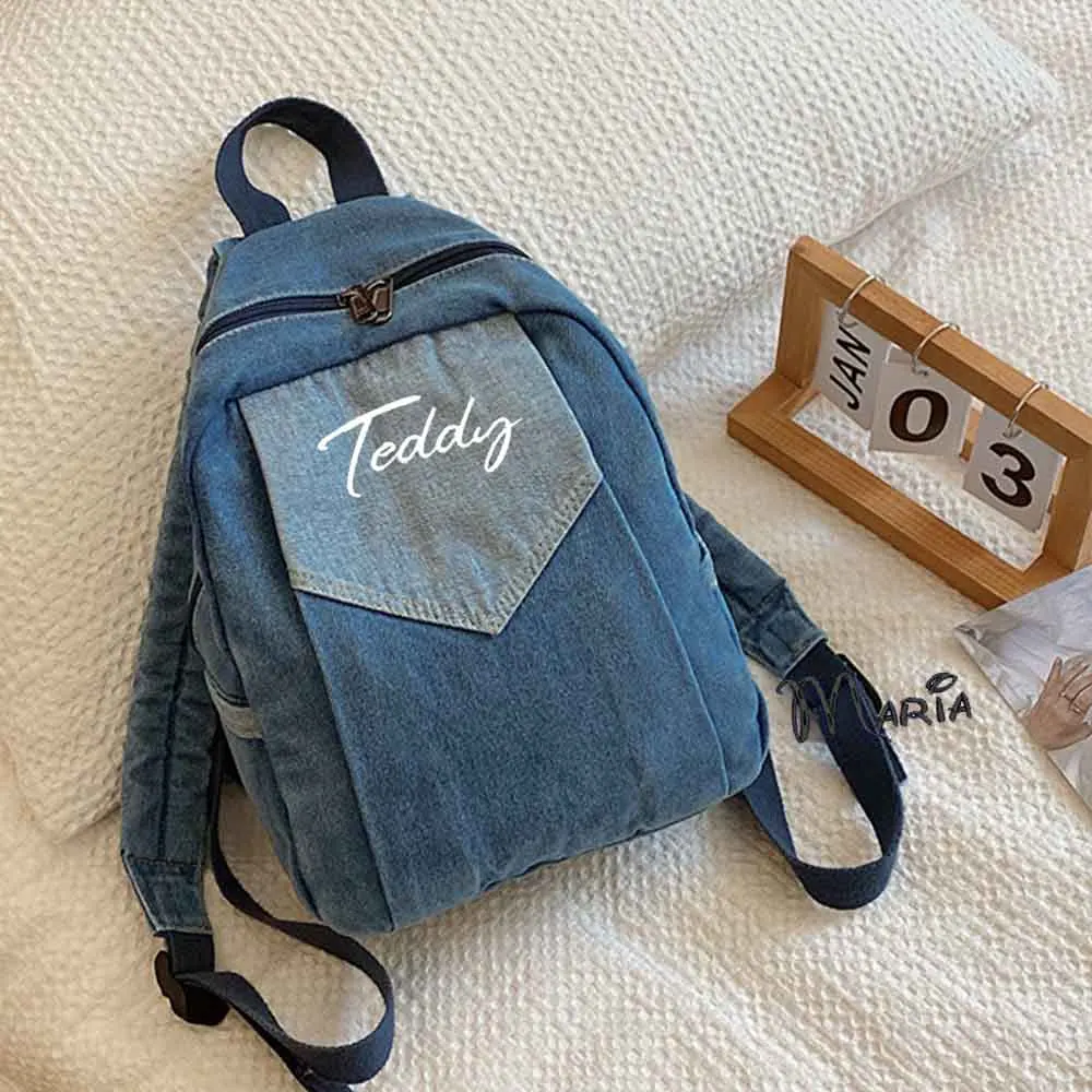 Custom Denim With Any Name Backpack， Embroidered Unique College Travel Bag,Outdoor Travel Snack Backpack,Back To School Gift Bag