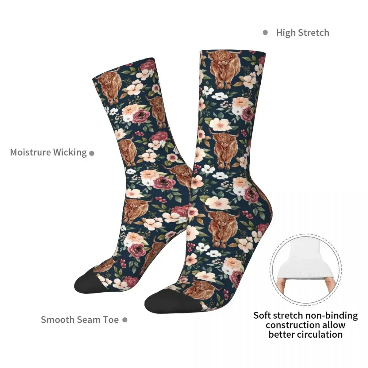 Highland Cow Floral Socks Harajuku Sweat Absorbing Stockings All Season Long Socks Accessories for Unisex Gifts