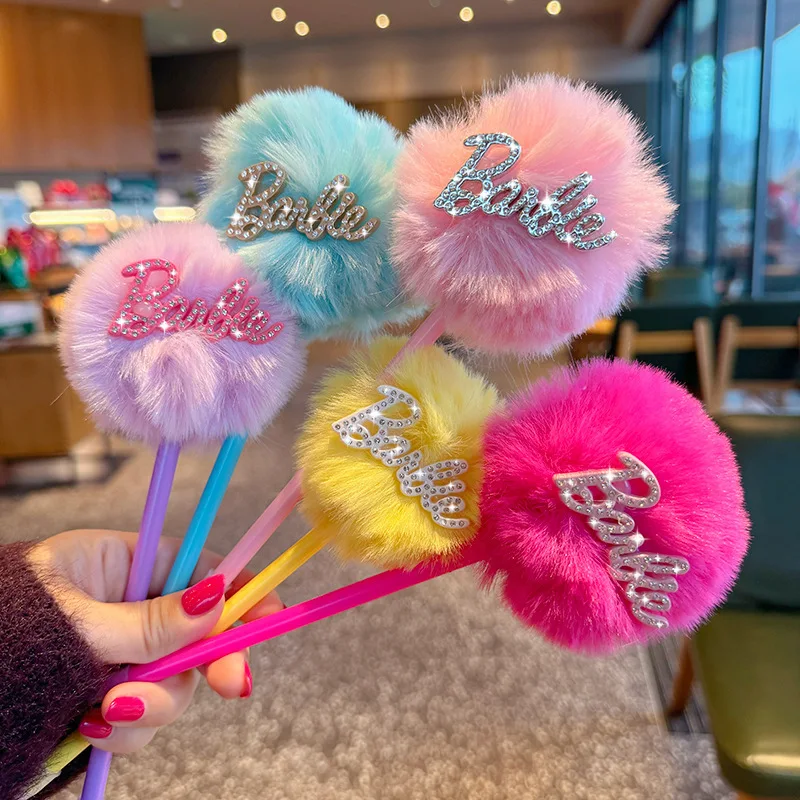 5Pcs Miniso Barbie Ballpoint Pen Anime Ins Barbie Plush Ball Pendant Gel Pen Cute Children Learning Stationery Girl Cartoon Gift