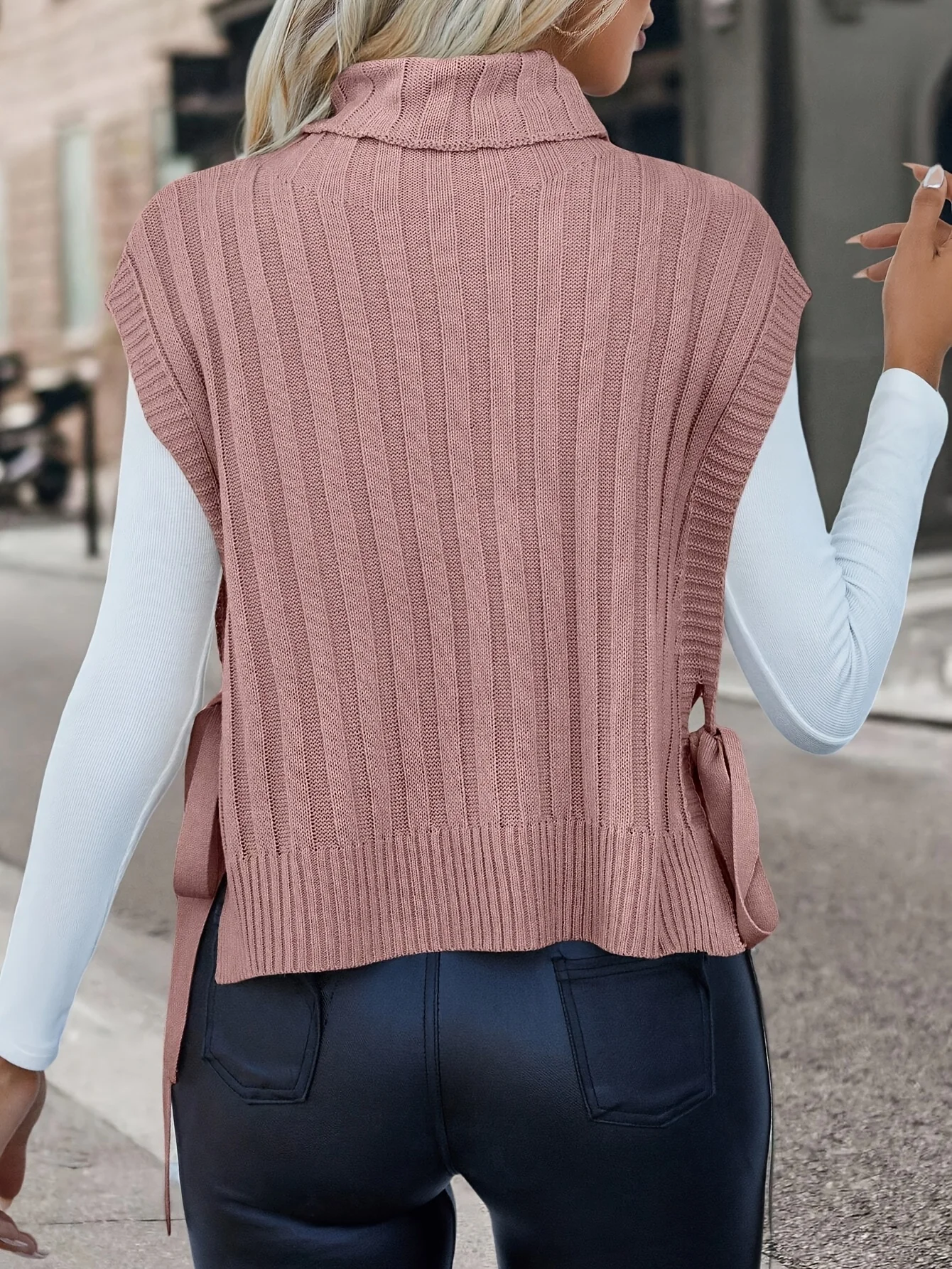 Novo pulôver de malha de gola alta feminino, camadas de cor sólida com cordões femininos, moda, versátil e relaxada, roupa externa