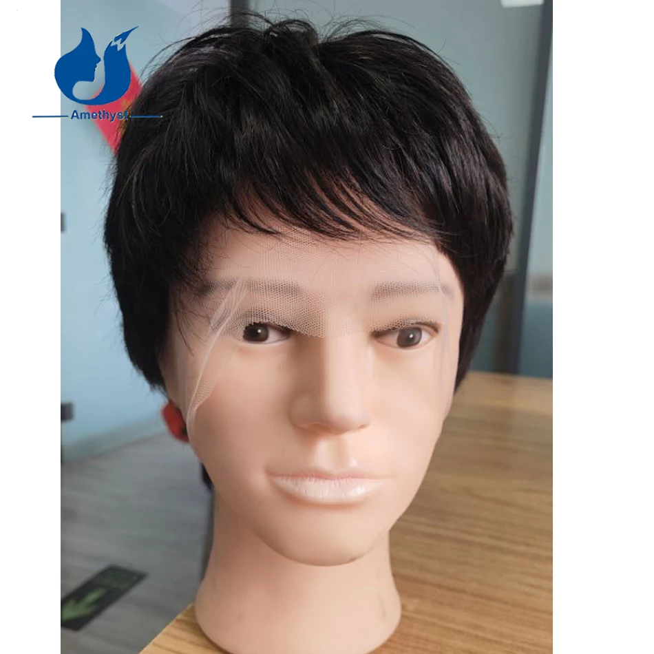 

Amethyst Men's Natural Black Short Boy Cut Wig 100% Brazilian Remy Human Hair Full Transparent Lace Wig with Sideburns Straight