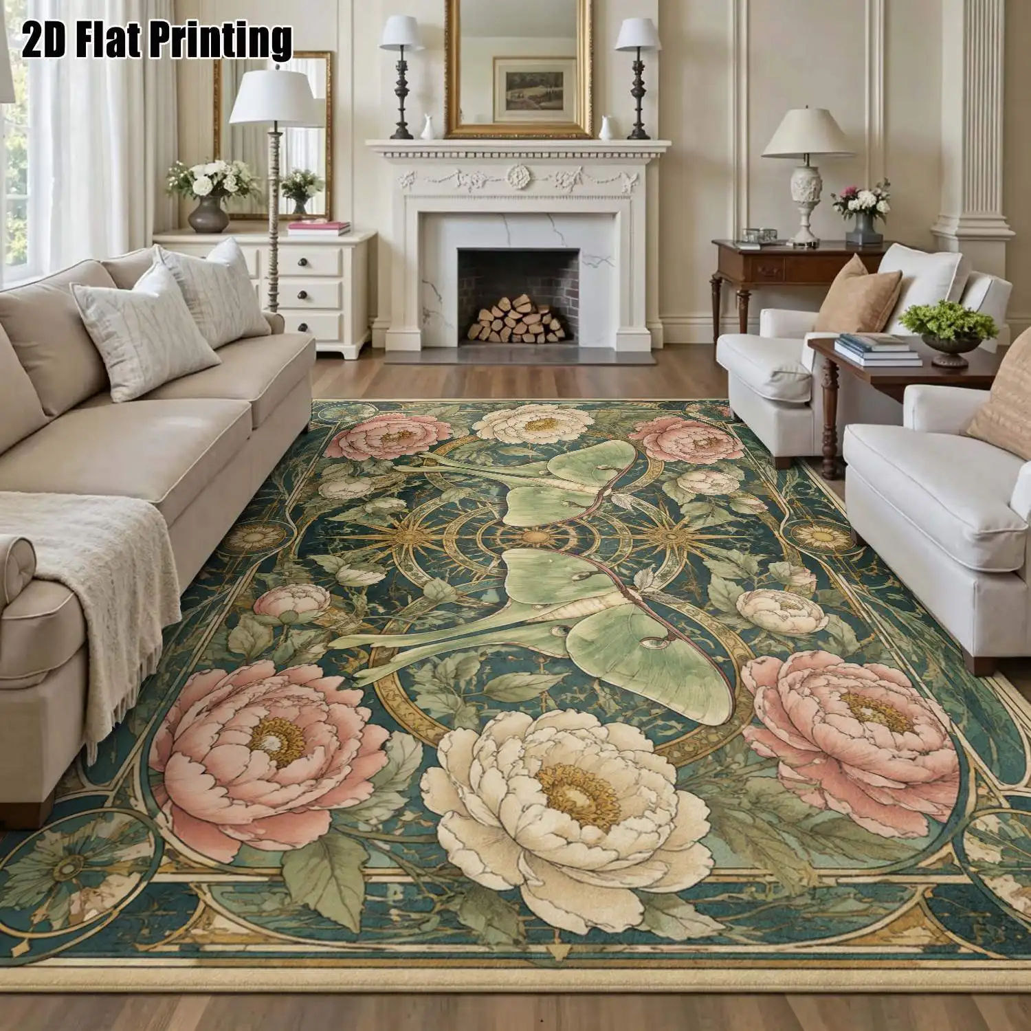 1Pc 2D Printed Retro Green Floral Moth Carpet: European Vintage Floral Geometric Decor Home Rug, Multi-Size, Machine Washable, for Entrance, Living Room, Bedroom, Dining, Study
