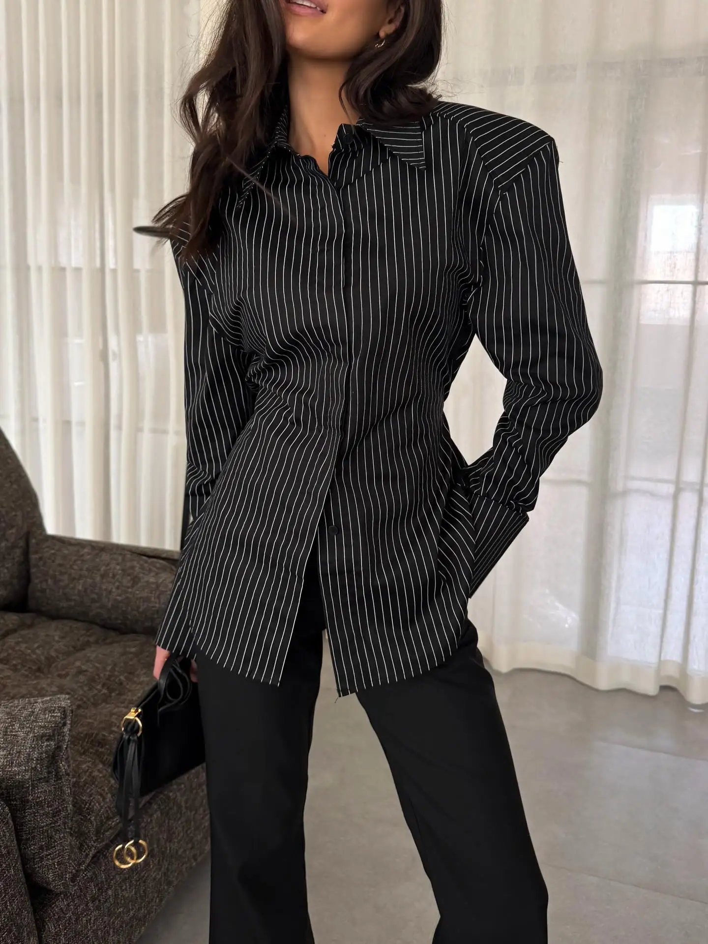 

BJTZ 2026 Spring Summer Women Black Striped Long Sleeve Shirt Slim Waist Midi Tops
