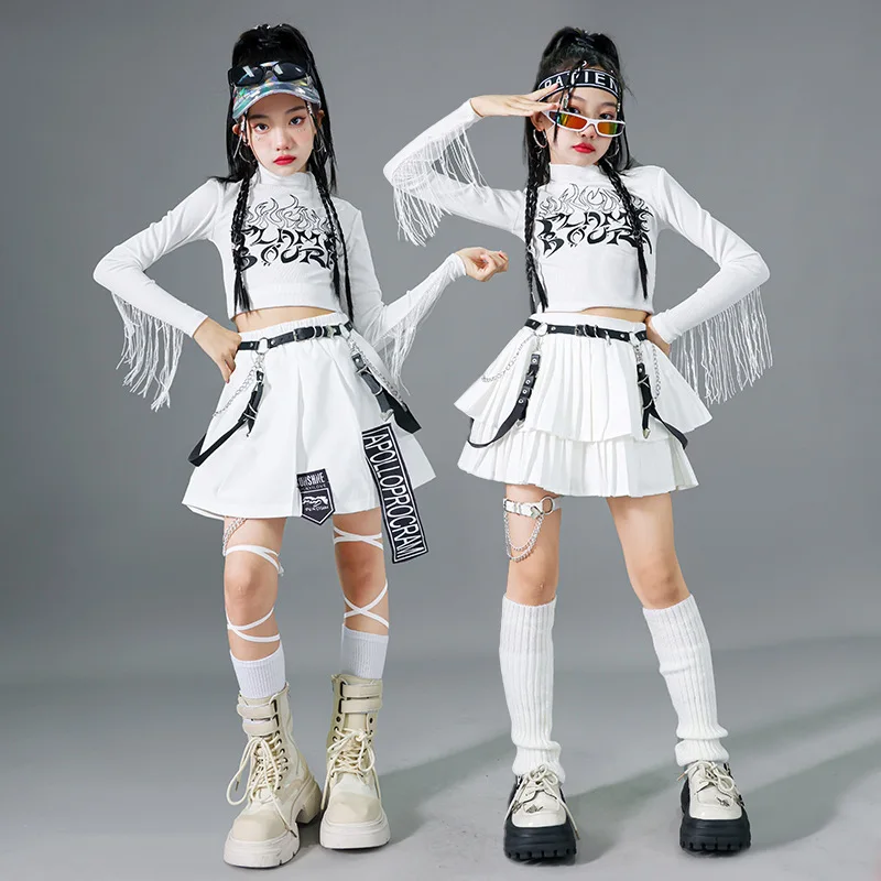 Kids Hip Hop Sets K-pop Crop Top Cargo Pants Pleated Skirts Girls Streetwear Children Jazz Costume Elegant Street Dance Clothes