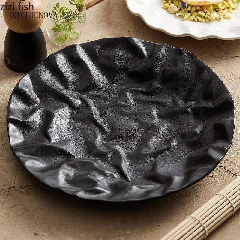 Wrinkled Texture Shallow Plate Frosted Ceramic Tableware Salad Dessert Plate Dish Snack Artistic Conception Tableware