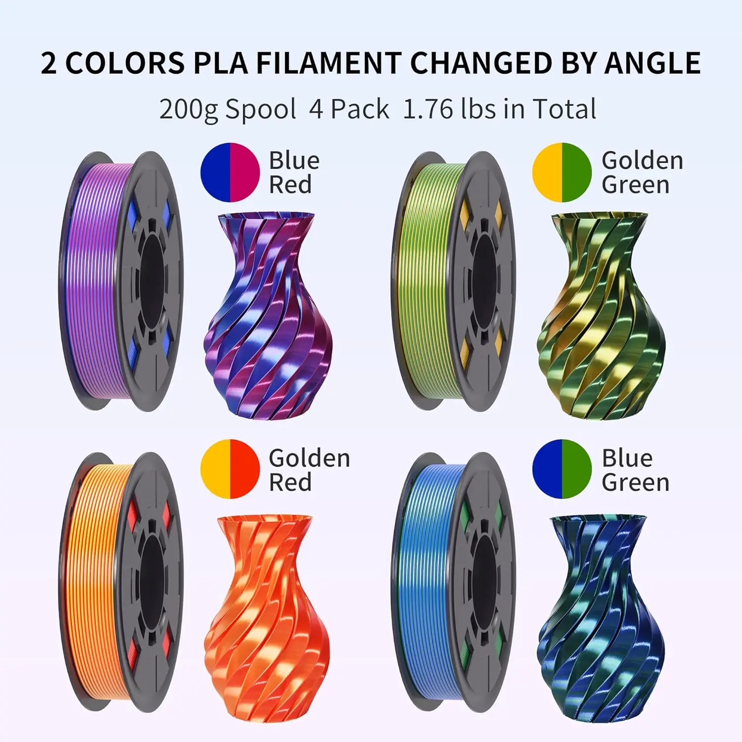 3D Printer Filament Silk Dual Color PLA Filament 1.75mm +/- 0.02mm, Bicolor PLA 3D Printing Filament Bundle 250 X 4 Spools