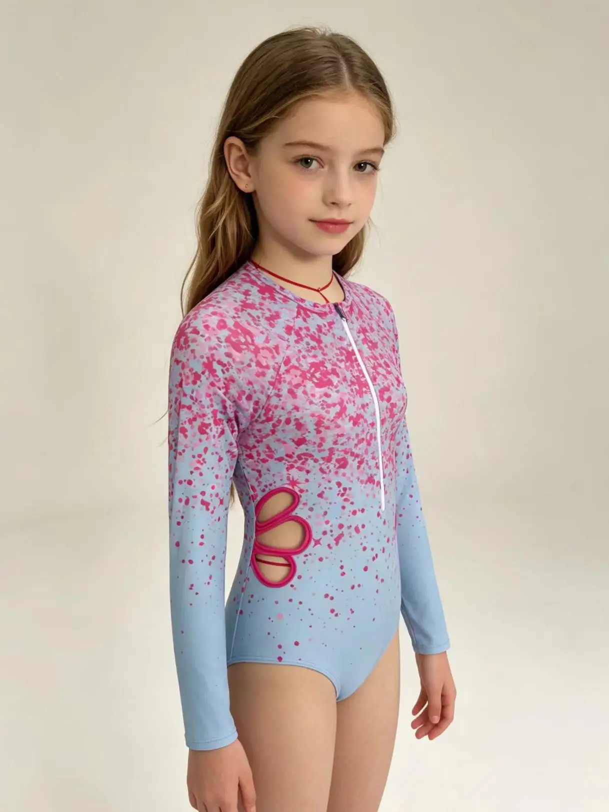 Girls Long Sleeve Swimsuit One Piece Zipper Sun Protection Surfing Swimwear Breathable Hollow Out Printed 13-16Y Rash Guard
