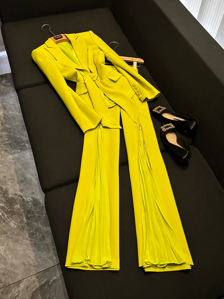 

Faionable Tuxedo Jaet with Belt Zipper Pants Set Women's Long Sve Suiting Outfit Ele Pleated Design Commute Sle