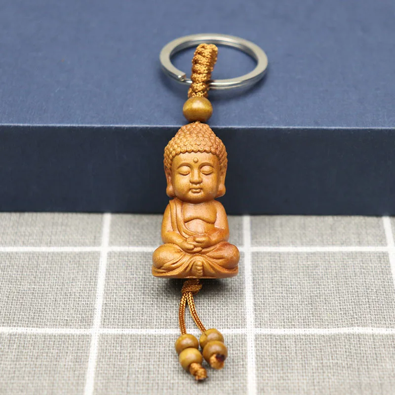 Peach Wood Buddha Shakyamuni Key Chain Guanyin Bodhisattva Wooden Keychain Tathagata Buddhist Monk Tourist Keyring Pendant Gift