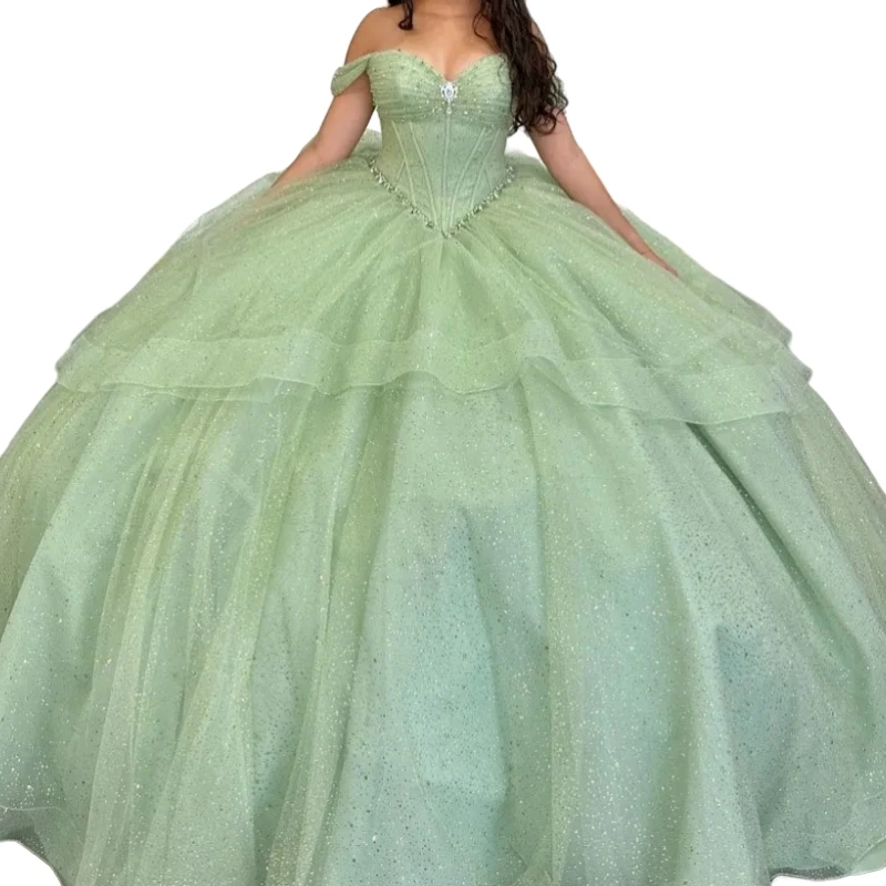 Customzied Sage Princess Prom Dresses Crystal Ruffle Ball Gown Sweet 16 14 Girl Birthday Party Dress Vestido De 15 Quinceanera