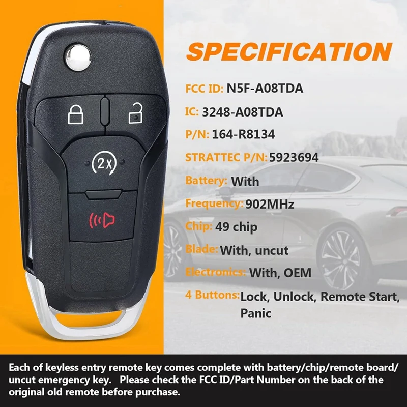 Car Flip Remote Key 4 Button Smart Key 902Mhz N5F-A08TDA 49 Chip For Ford F150 F250 F350 F450 F550 Raptor Ranger Fusion