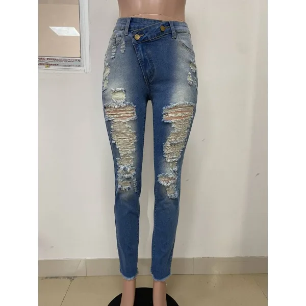 Denim Skinny Pants for Women New Fall 2025 Retro Sexy Hole Hollow Out Jeans Out Pencil Trousers Street High Waist Lady Pant
