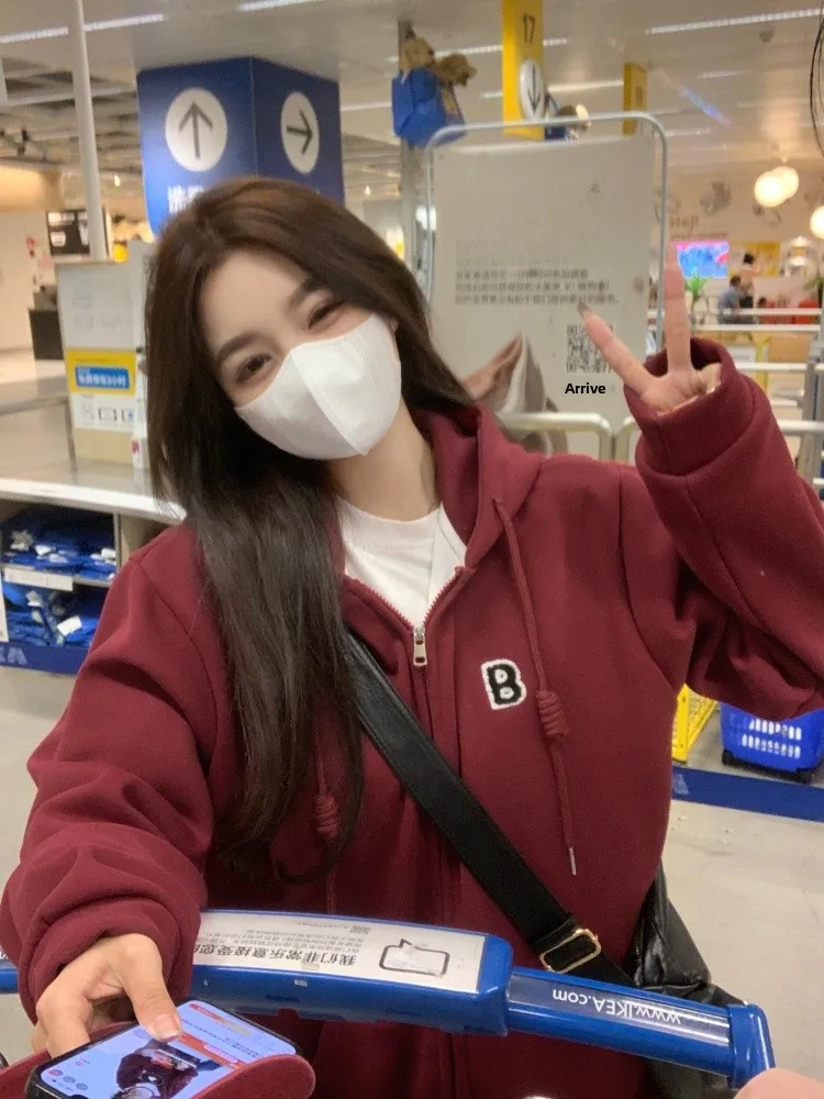 Schwere reine Baumwolle weinroter Kapuzenpullover Jaet Damen locker sitzende Thiened Kapuzenreißverschluss offene Strickjacke Herbst Winter Neu A...