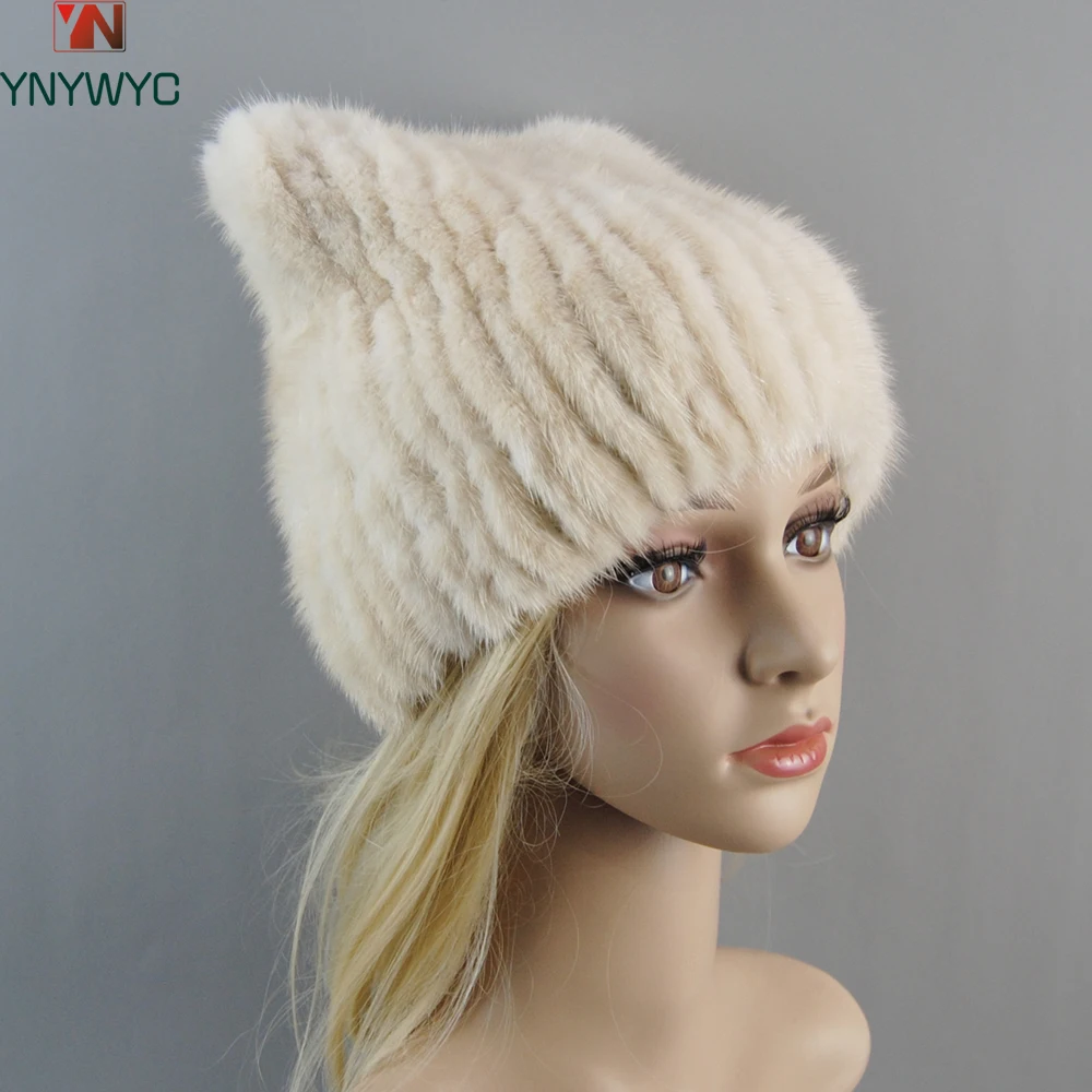 2024 New Luxury Women Handmade Knit Fashion Winter Warm Headwear Beanies Cap Fashion Genuine Real Natural Knitted Mink Fur Hat