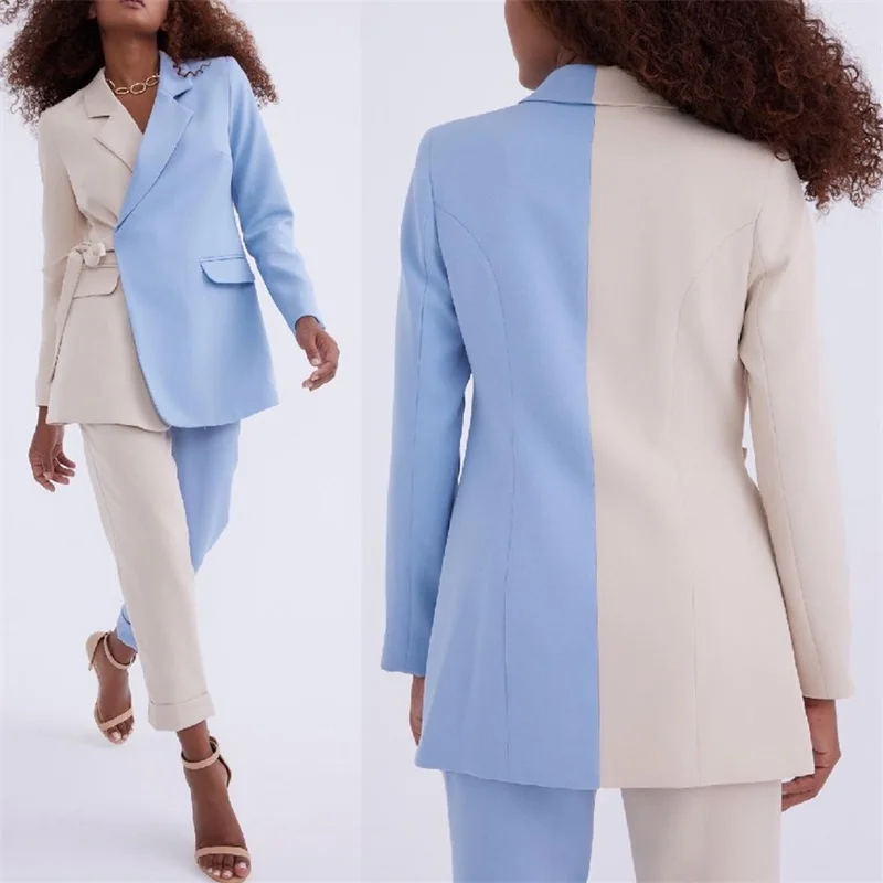 Stitching  Color Women Suits Pants Set 2 Pcs Blazer WIth Belt Sexy V Neck Tailor Made Prom Dress For Wedding Fashion Street Wear