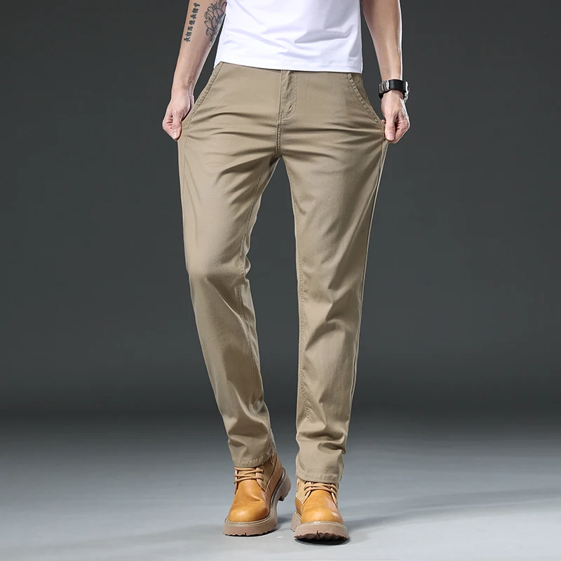 97% Cotton Spring Summer Fashion Straight Men Casual Pants Embroidery Male Trousers Stretch Men\'s Clothes Khaki Plus Size 40