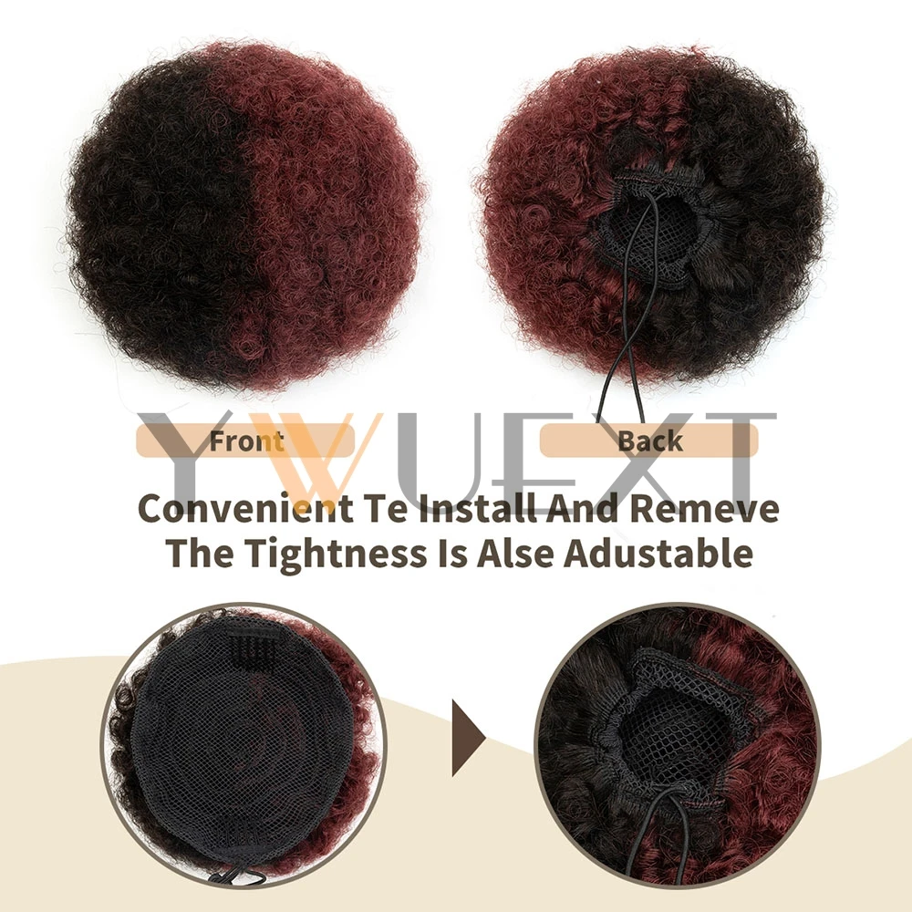 Tanjet Burgundy Afro Kinky Puff Ponytail Human Hair Bun Kinky Curly Drawstring Ponytail Brazilian Hair Extensions for Women