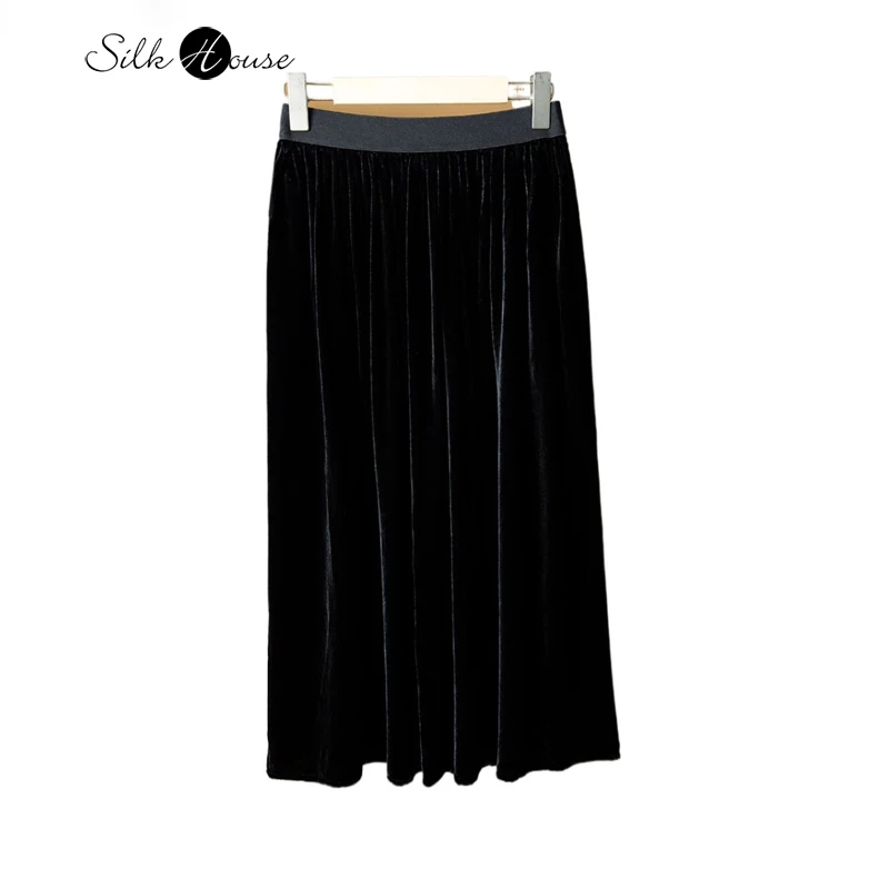 

Noble and Gorgeous Retro Versatile 30% Natural Mulberry Silk Velvet Elastic High Waisted Women's Simple A-line Skirt