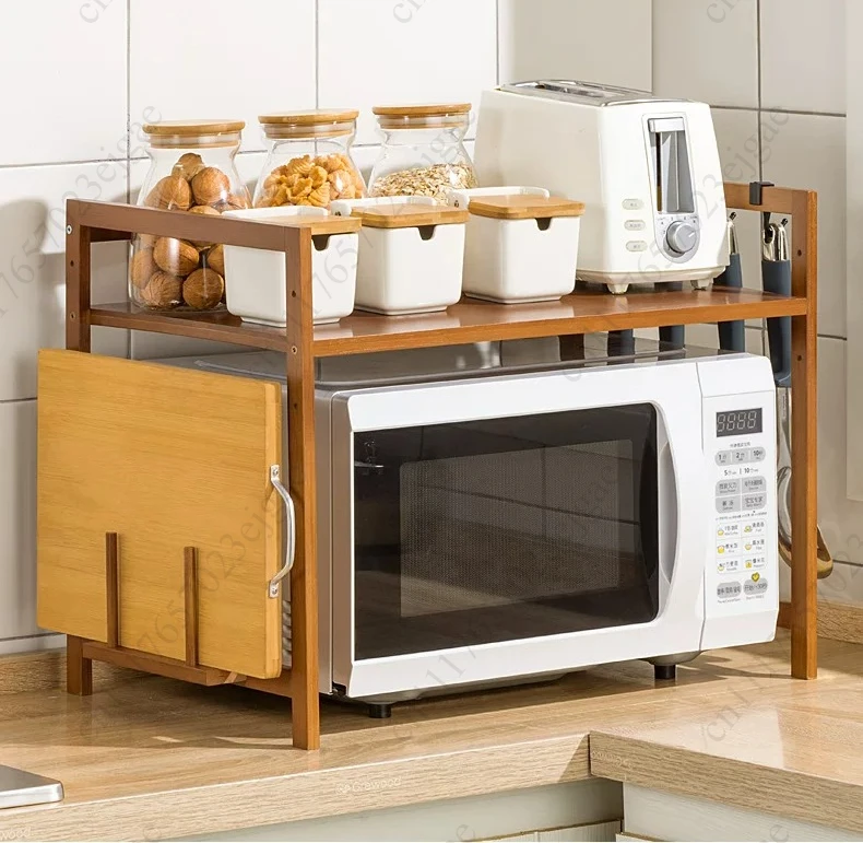 Kitchen Oven Storage Rack 1 Layer Bamboo Adjustable  Countertops Organizer Shelf Hanging Hook Chopping Board Holder