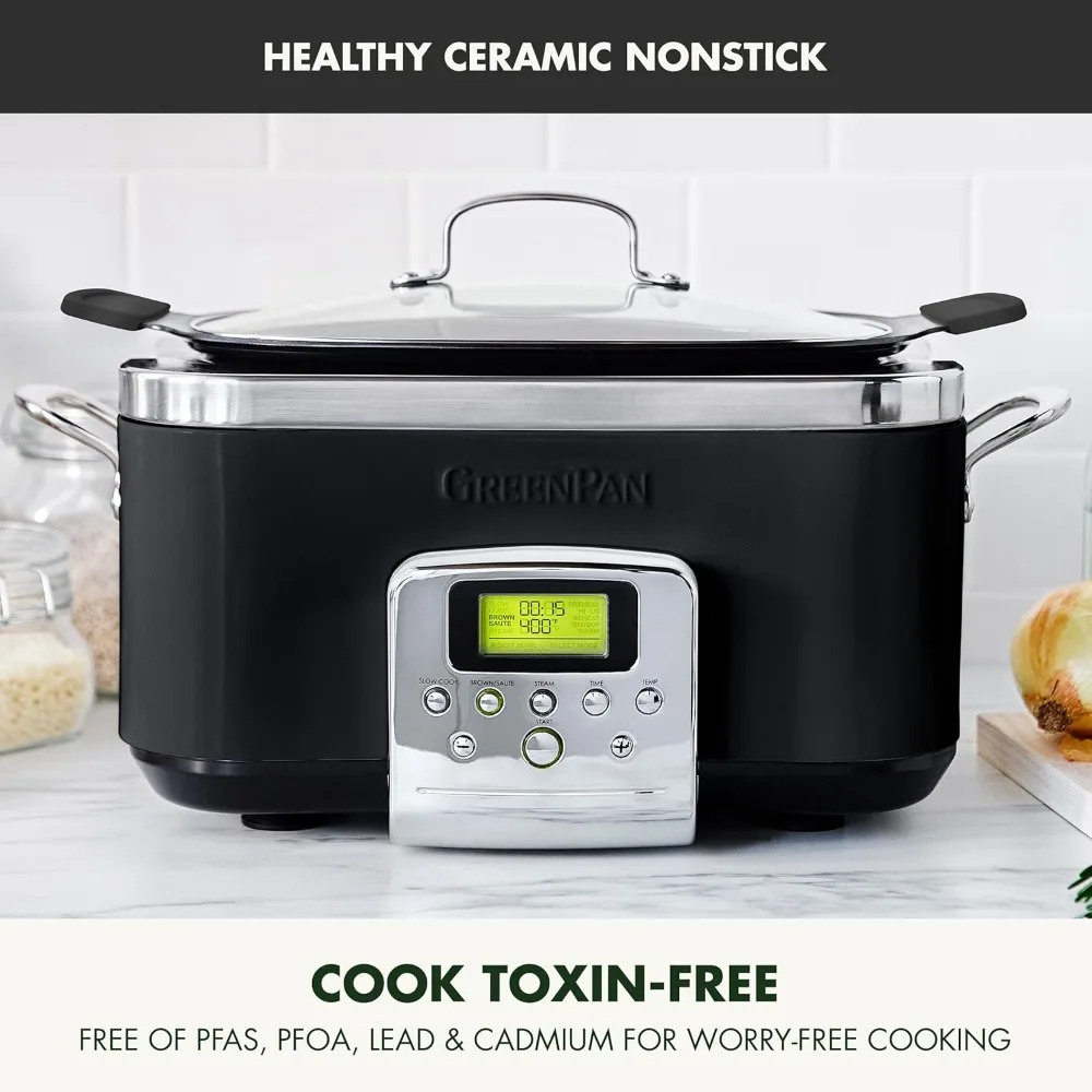 8 - in -1 Programmable 6QT Electric Slow Cooker, Dishwasher Safe Lid & Removable Crock, PFAS-Free Healthy Ceramic，Black