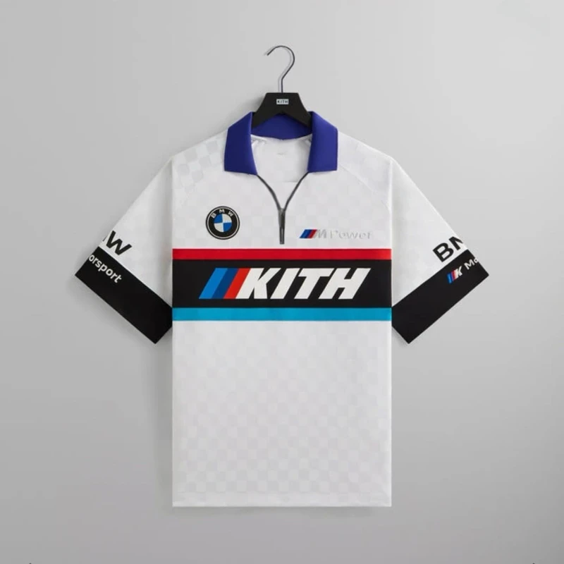 

2025 Kith for BMW Moto Джерси Белая рубашка поло Мужская и женская мотоциклетная рубашка BMW Club с коротким рукавом Высококачественный уличный топ
