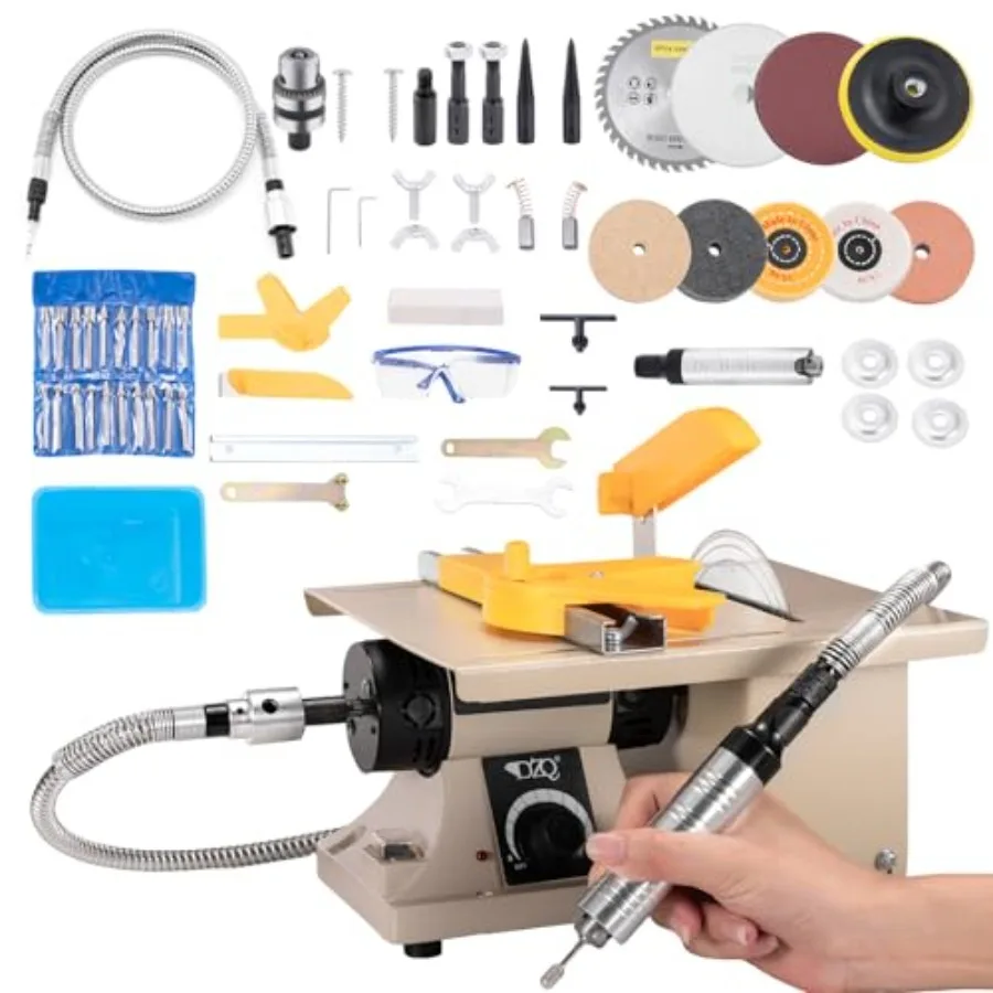 

69Pcs Accs Mini Table Saw Jewelry Making Polisher w/Flex Shaft Multifunctional Bench Grinder Sander Buffing Machine Woodworking