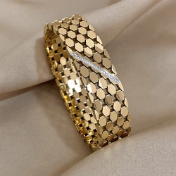 Greatera Chunky Inlaid Rhinestone Geometric Wide Stainless Steel Bangles Bracelets for Women Gold Color Charm Waterproof Jewelry