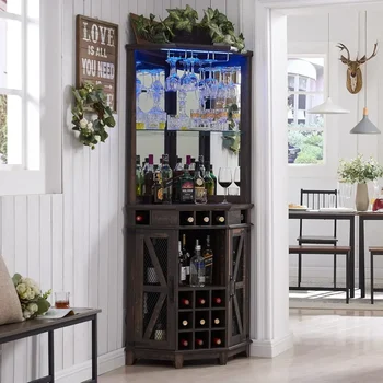 A Corner Bar Storage Cabinet, 72" Tall Farmhouse Wine Bar Cabinet, Home Bar Cabinet with LED Light & Glass Rack for Living Room