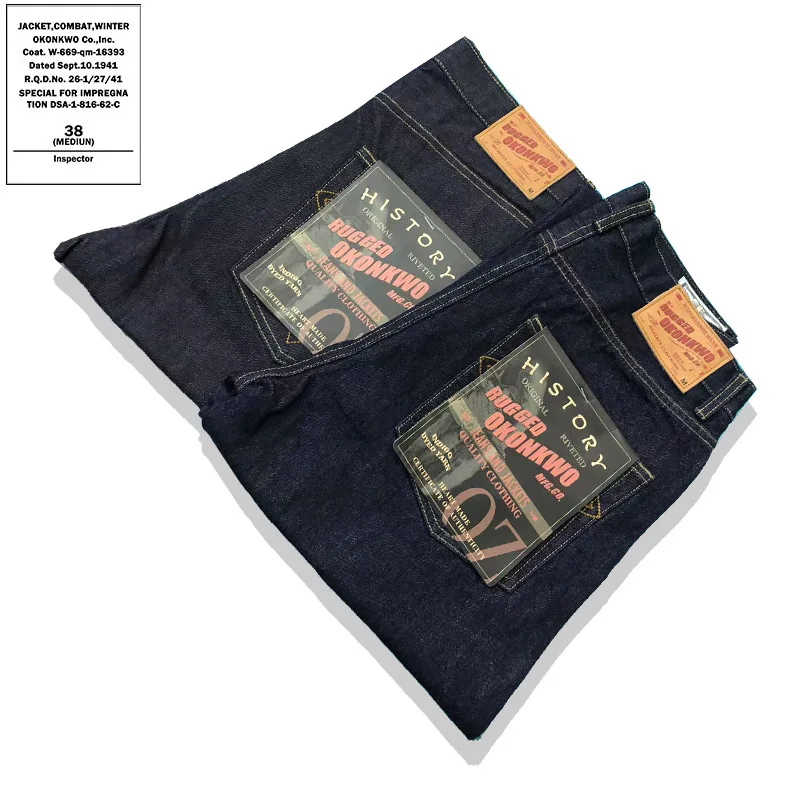 100% coton 13,2 oz jean en jean à lisière brute lourde - jambe droite avec coutures arquées classiques American Vintage OKONKWO