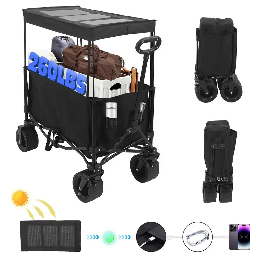 

Складная тележка с солнечной панелью, тележка с навесом, с портативной солнечной панелью 30 Вт, USB, Type-C, разъемами DC