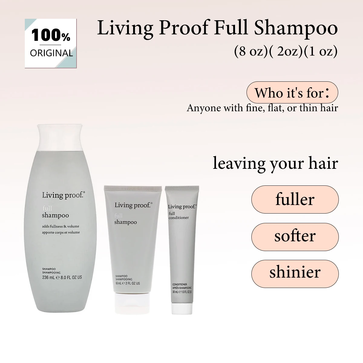 

Шампунь Living Proof Full, гладкая гелевая текстура, легкая формула, нелипкий эффект, бережное очищение и шелковистый блеск, освежение волос