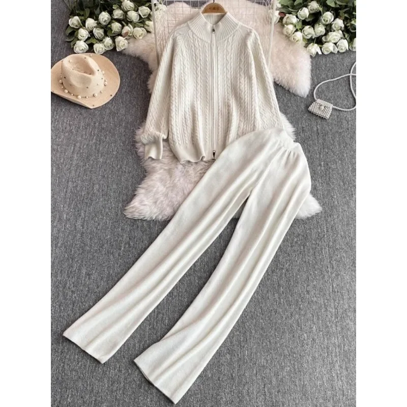 Fashion Pants Suit Women\'s Stand Collar Zipper Knitted Sweater Jacket Two-piece Set High Waist Slim Straight Leg Wide Leg Pants