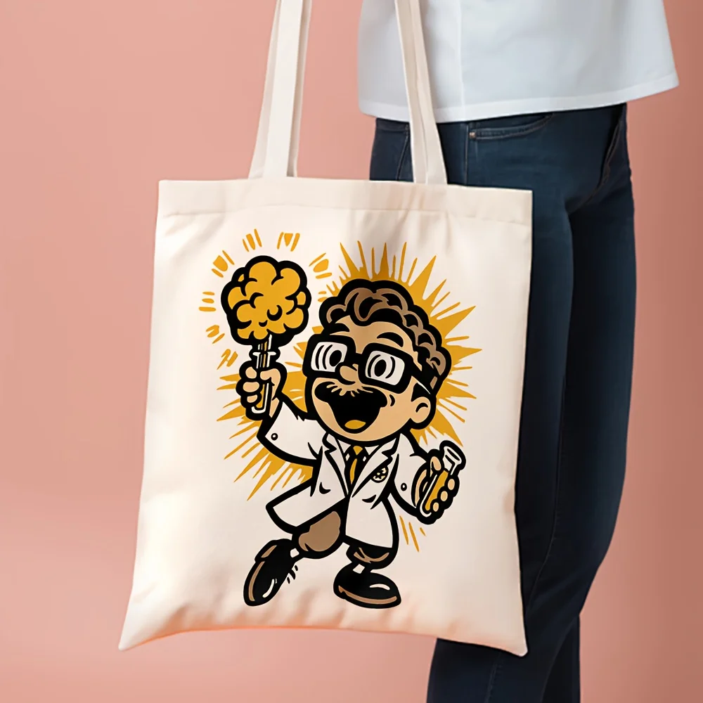 1pc Scientist Illustration Canvas Tote Bag | 35.05cm x 40.13cm Stylish Shopping Bag for Daily Use, Commuting, School, Travel | P