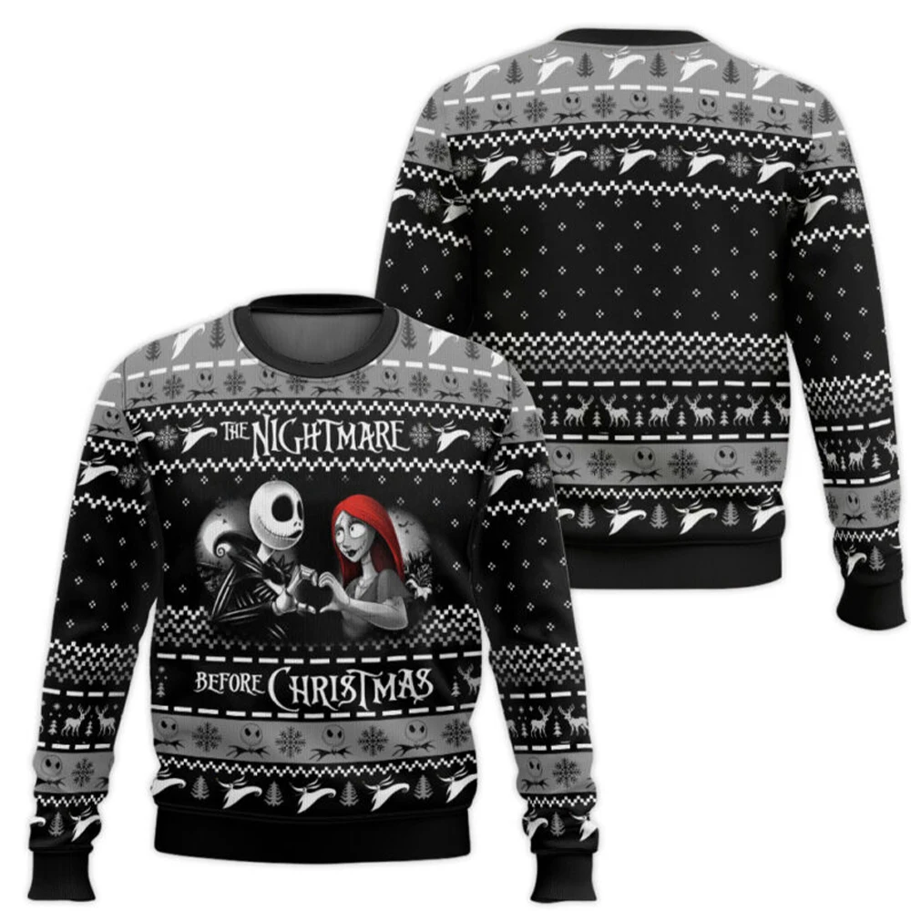 

Nightmare Before Xmas Jack Sally Ugly Christmas Sweater Funny Holiday Party Pullover Warm Cozy Sweater for Men Women Xmas Gift