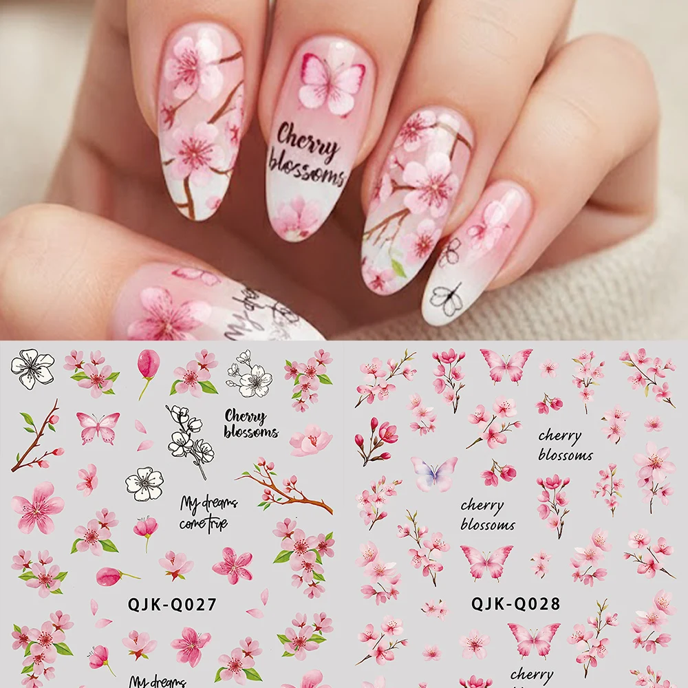 2/4 Stück Frühlings-Kirschblüten 3D Nagelkunst-Aufkleber Blühende Blumen Tulpen Schmetterling Nagelsticker DIY Maniküre-Dekoration Slider