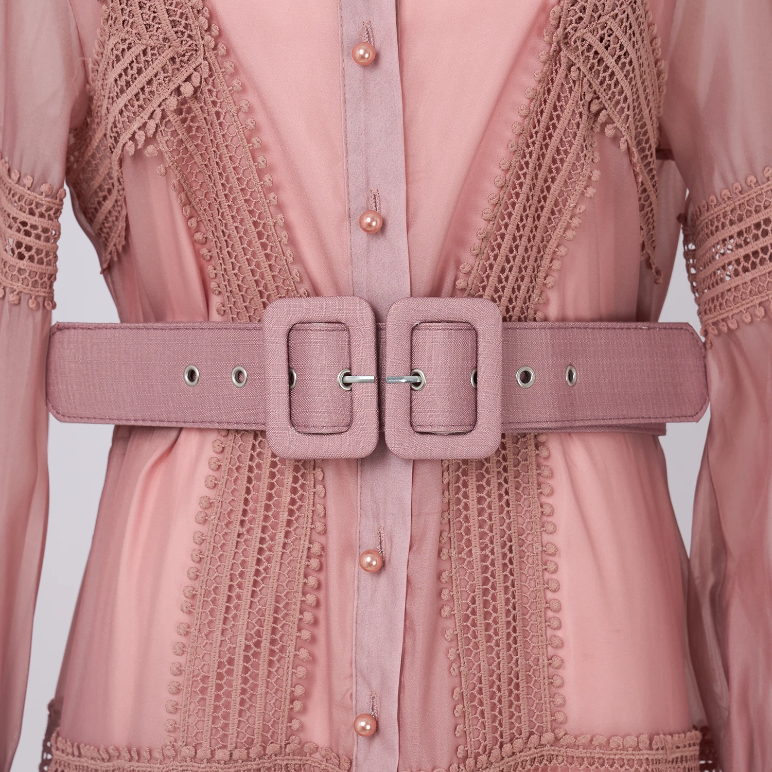 ฤดูใบไม้ร่วงElegant Organza Splicedตาข่ายMaxiชุดสตรียาวโคมไฟแขนเสื้อเพิร์ลปุ่มเข็มขัดลูกไม้Trims Party Prom Robe