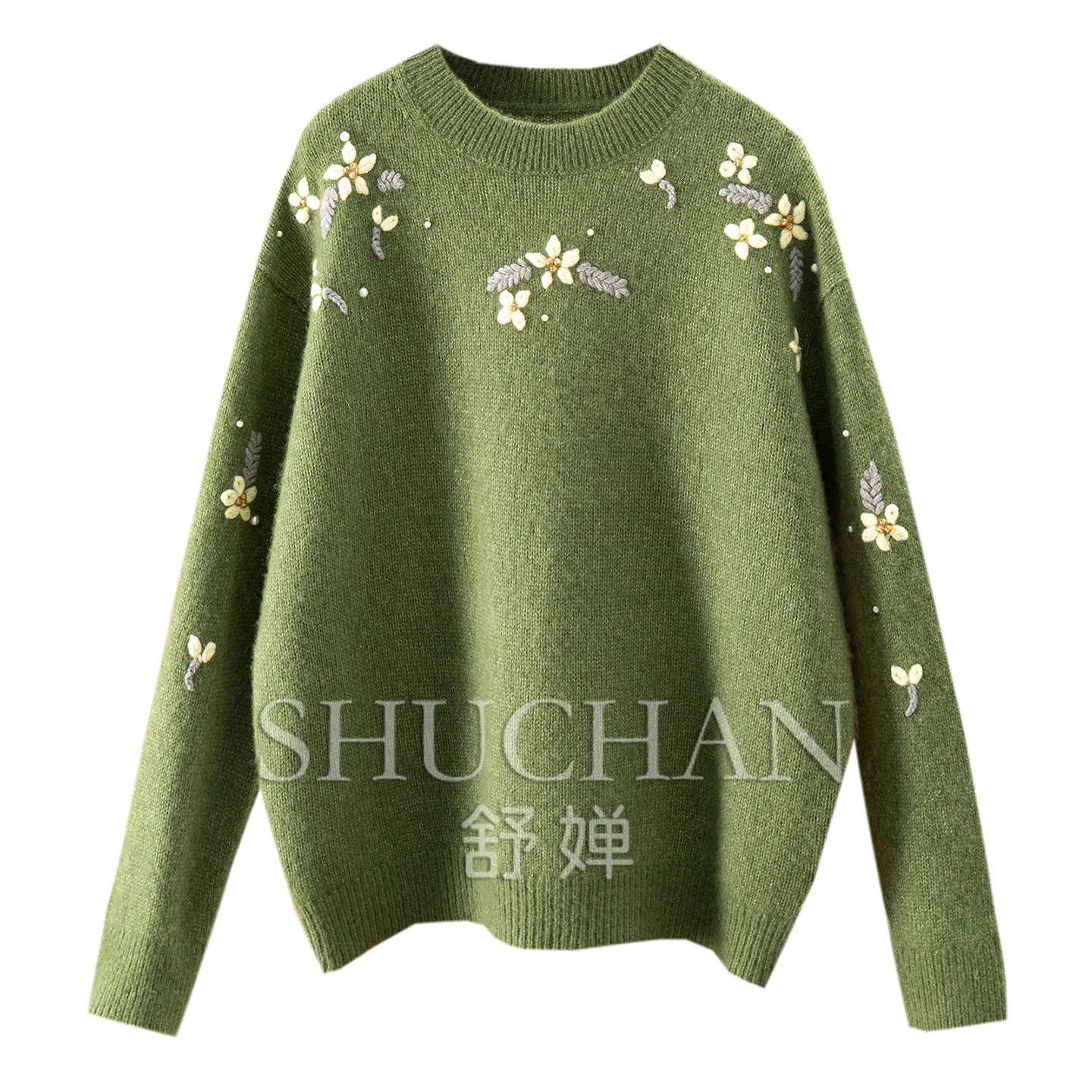 Pullover Warm Winter Warm Pine Leaf Green Bead Crochet Silk Cashmere Crew Neck Sweater Women 59G4