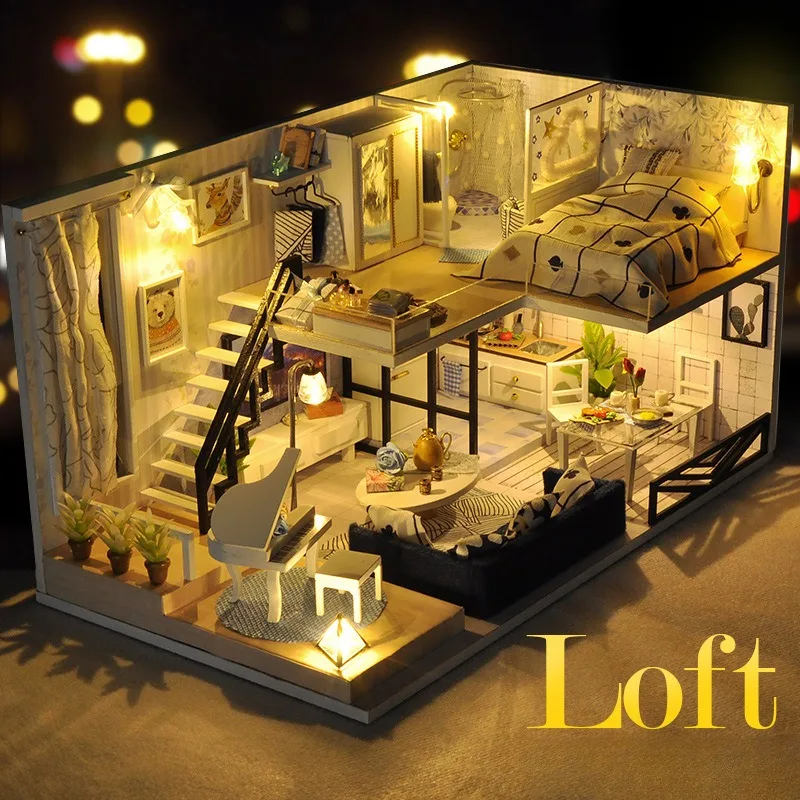 DIY Hut Hand Assembled Building Blocks Toy LED Lighting Loft House Model Puzzle Handicraft Wooden Toys Children's Birthday Gift