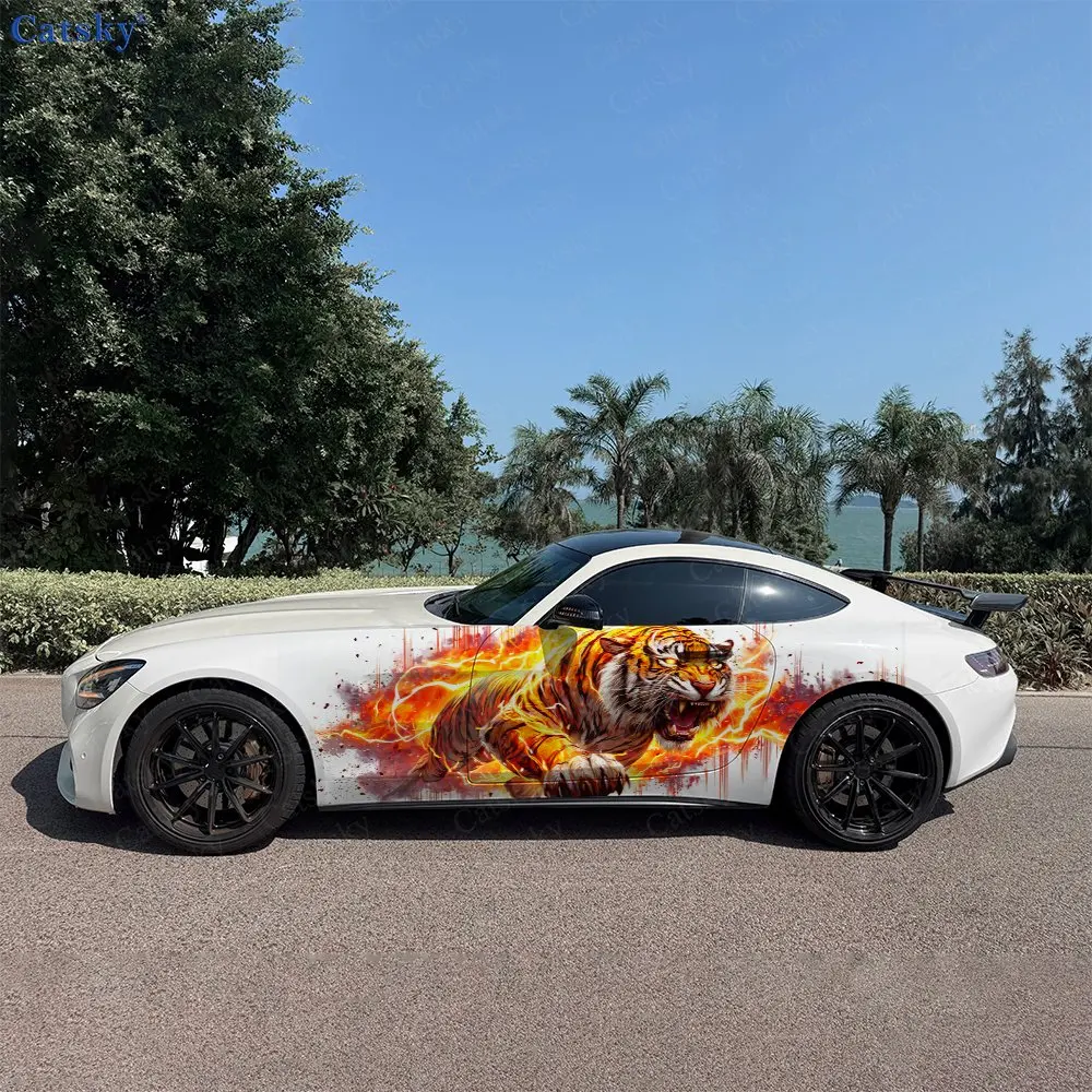 2pcs Sparking Splatter Realistic Tiger Car Side Wraps, Self-Adhesive PVC Waterproof & Scratch-Resistant Stickers, Car Accessory