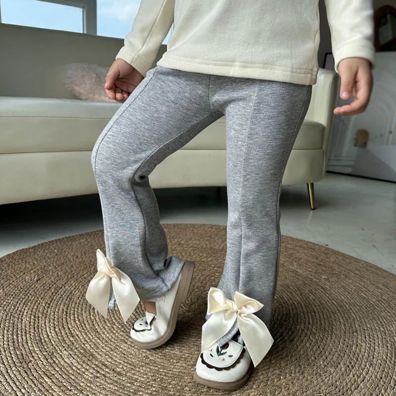 Summer Kids Pants Clothes with Bow Solid Baby Solid Trousers Flare Pants Cotton Spring Loose Children Pants for Girls 1-9years