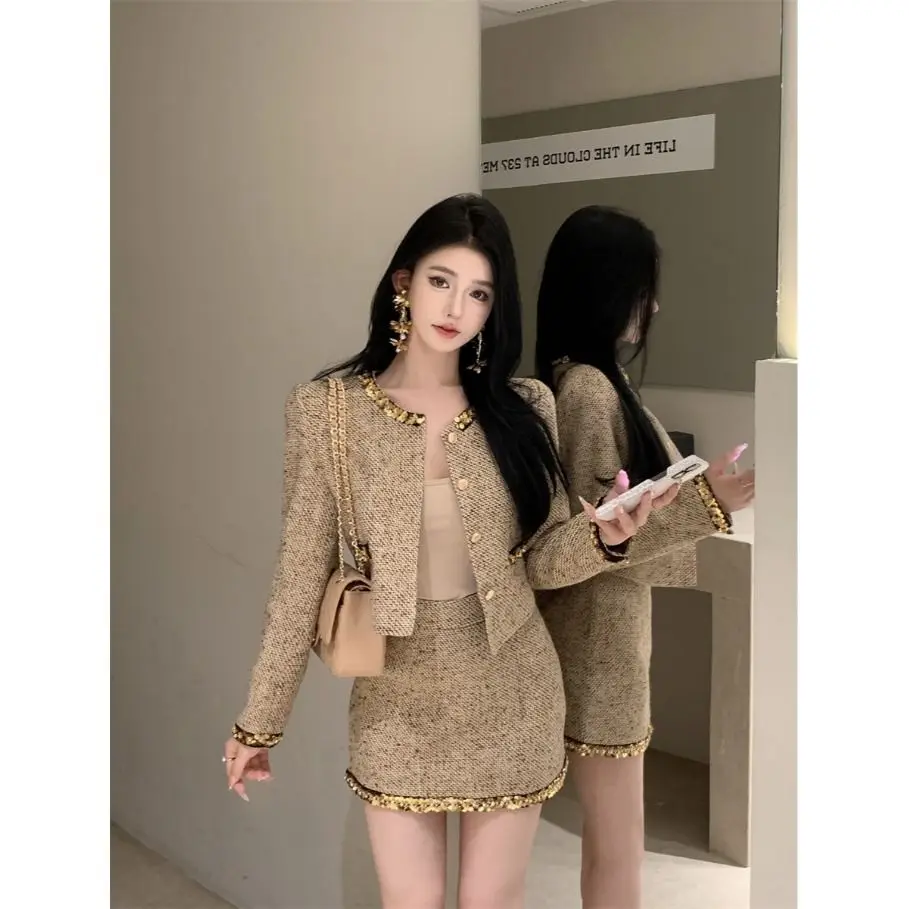 Elegant Short Woolen Jacket And Skirt Set for Women with Gold Weave Sequins round Neck Design Fashionable And Stylish