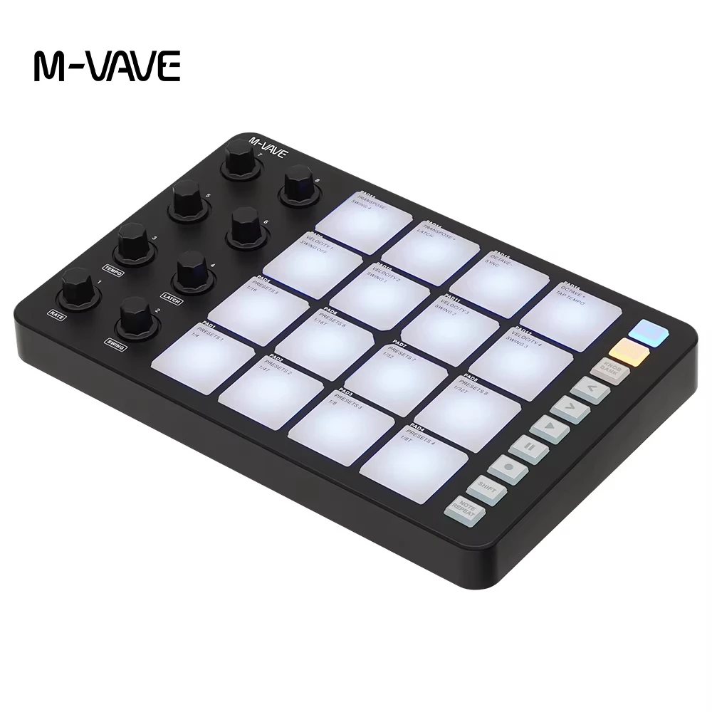 

M-VAVE SMC-PAD Черный MIDI-контроллер с 16 динамическими пэдами, 8 программируемыми ручками, RGB-подсветкой, Bluetooth, беспроводной, для DAW, студийного и музыкального производства
