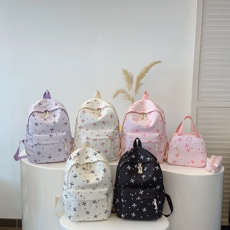 3Pcs Simple Backpack Set with Handbag & Pencil Case All-Match School Bag Bowknot Printed Cute Bowknot Backpack Trip Backpack