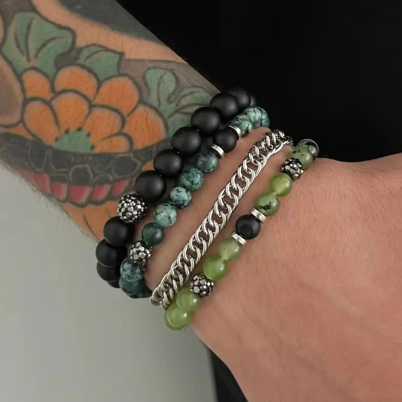 Salircon Trendy Inlaid Acrylic Rhinestone Resilient Bracelet for Men Vintage Cross Star Metal Chain Charm Bracelet Party Jewelry
