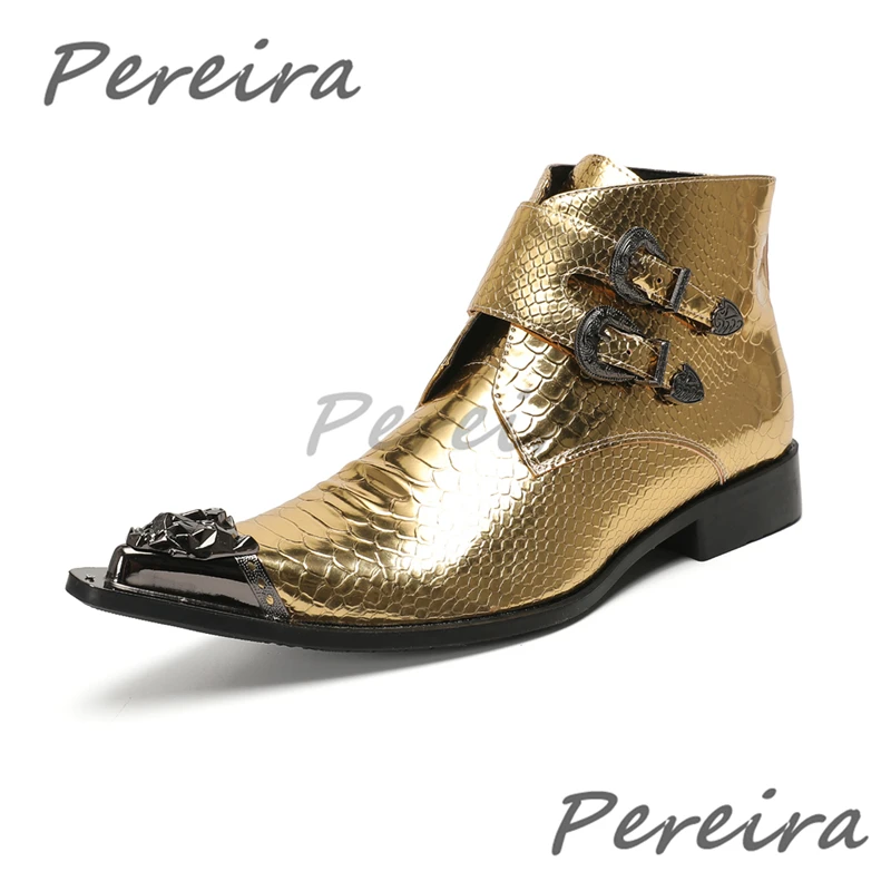 Iron Pointed Toe Snake Patterned Chelsea Boots for Men Luxury Golden Double Belt Buckle Zipper Ankle Boots British Dress Shoes