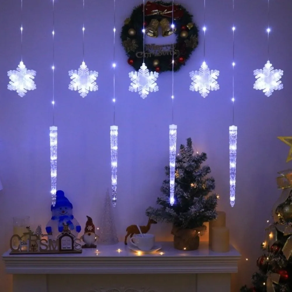 Icicle and Snowflake Shapes Christmas LED Curtain Lights Waterproof Durable Wiring Twinkling Hanging Decor Lamp Romantic 8 Modes