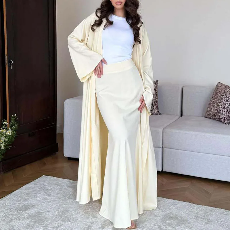 Jupe longue en coton et lin pour femmes, tenue élégante, couleur unie, ensemble deux pièces décontracté, manches longues, Cardigan et demi-jupe