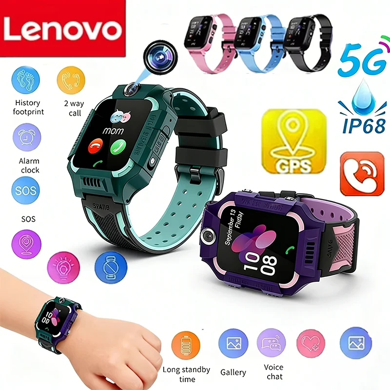 

Детские умные часы Lenovo 5G с камерой 8K, GPS-трекером, SIM-картой, функцией SOS, водонепроницаемые, для девочек и мальчиков, подарок для Android и iOS