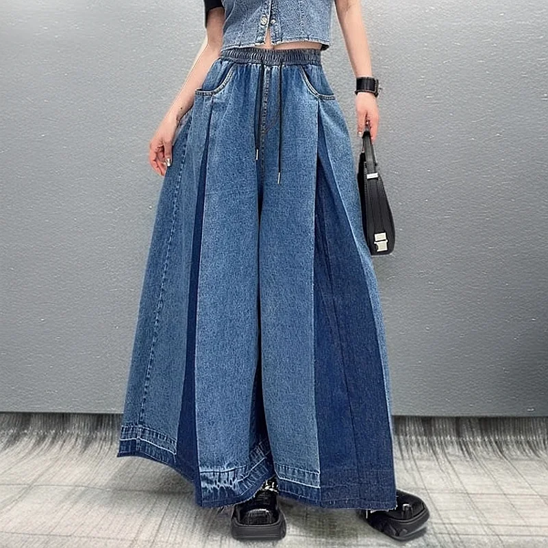 Spring 2026 New Style Trendy Versatile Patchwork Denim Wide Leg Pants Elastic Waist Belted Nine Pointed Casual High Waist Jeans